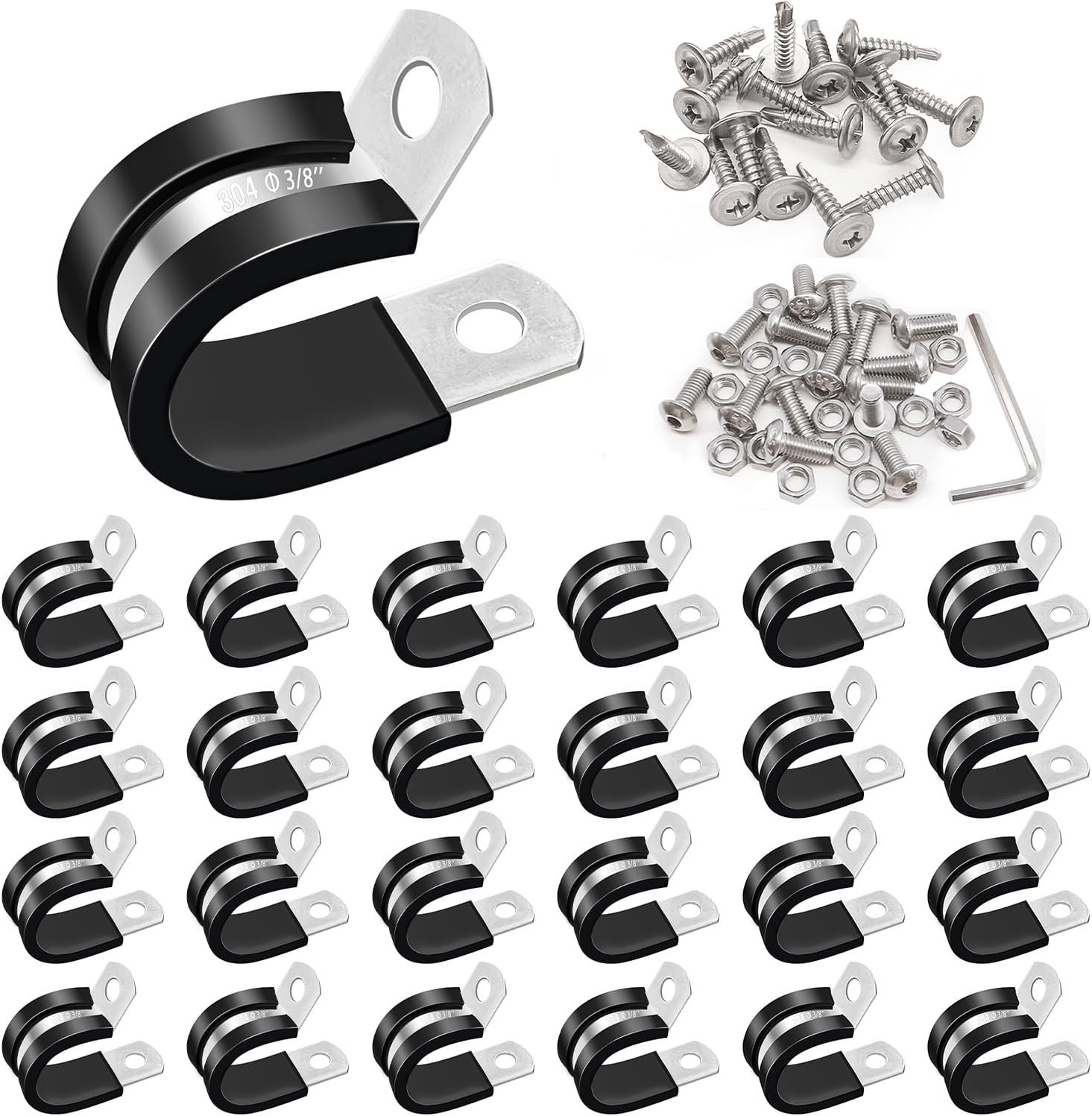 50PCS 3/8 Stainless Steel Rubber Cable Clamps with Screws Pipe Hose Clips