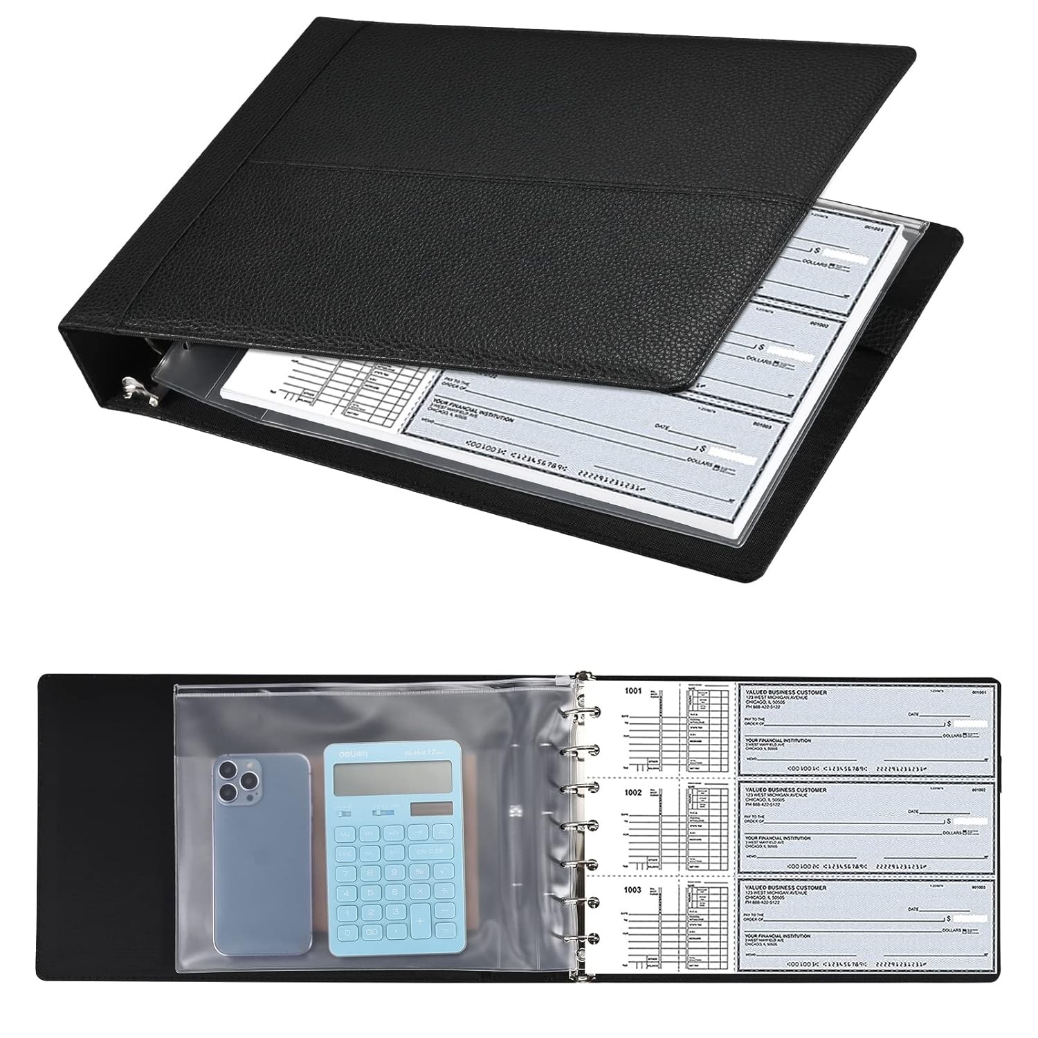 Executive Business Check Binder 600 Capacity Black 9×13 Sheets Ring Check Binder