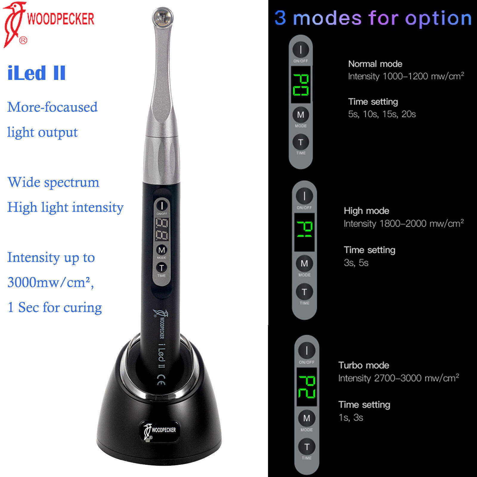 Woodpecker i LED II Dental Wireless Curing Light 1 Sec 3000mw/cm2 Wide Spectrum