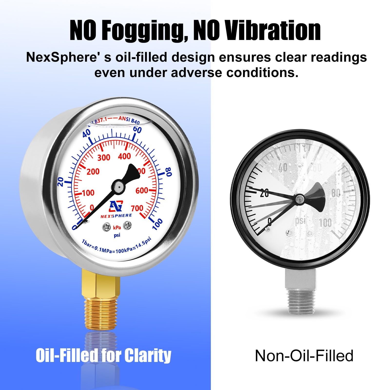 NexSphere 0-100 PSI Liquid Filled Pressure Gauge, 1/4 NPT Lower Mount, 2.5 Di…