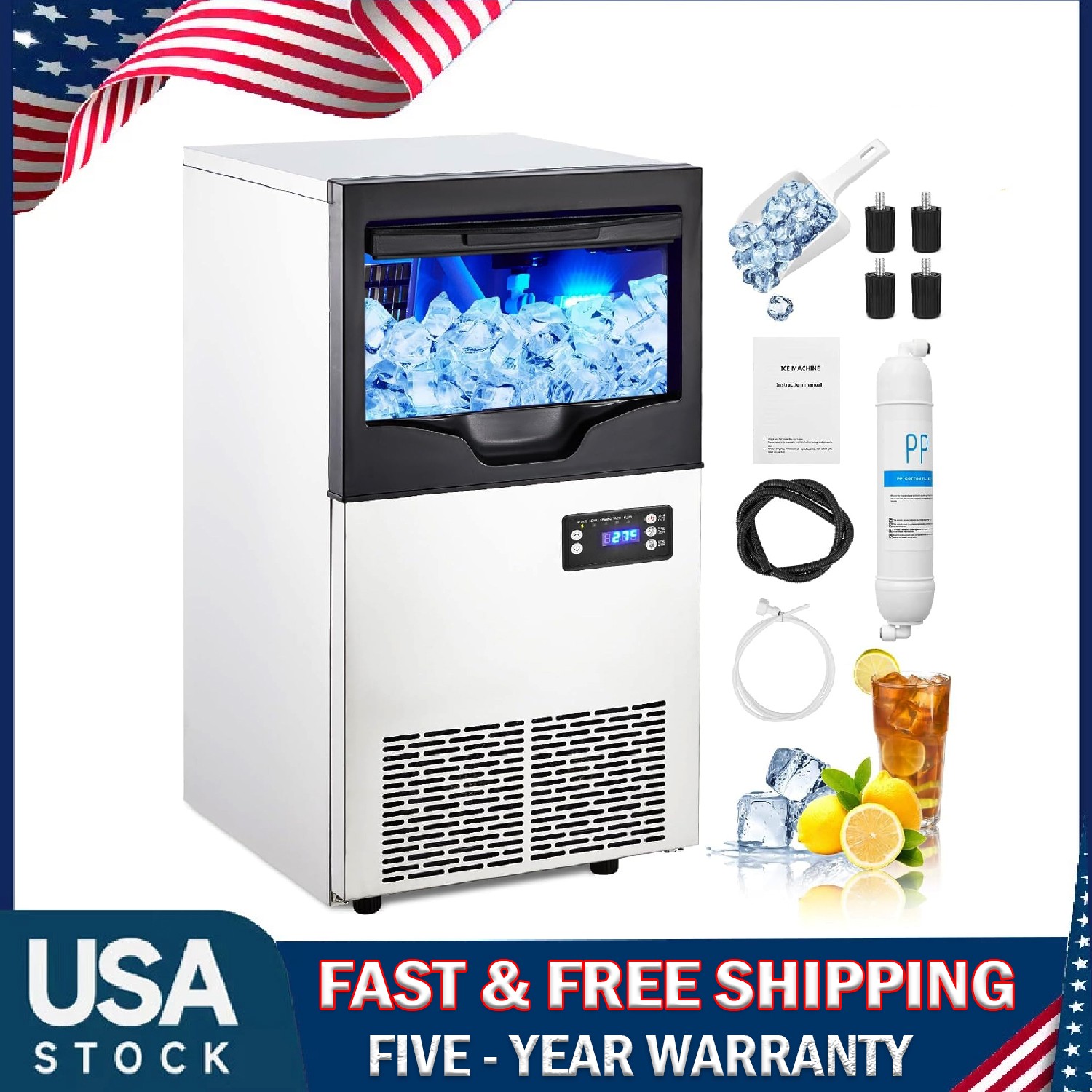 100Lbs/24H Commercial Ice Maker ,Stainless Steel Under Counter Ice Cube Machine