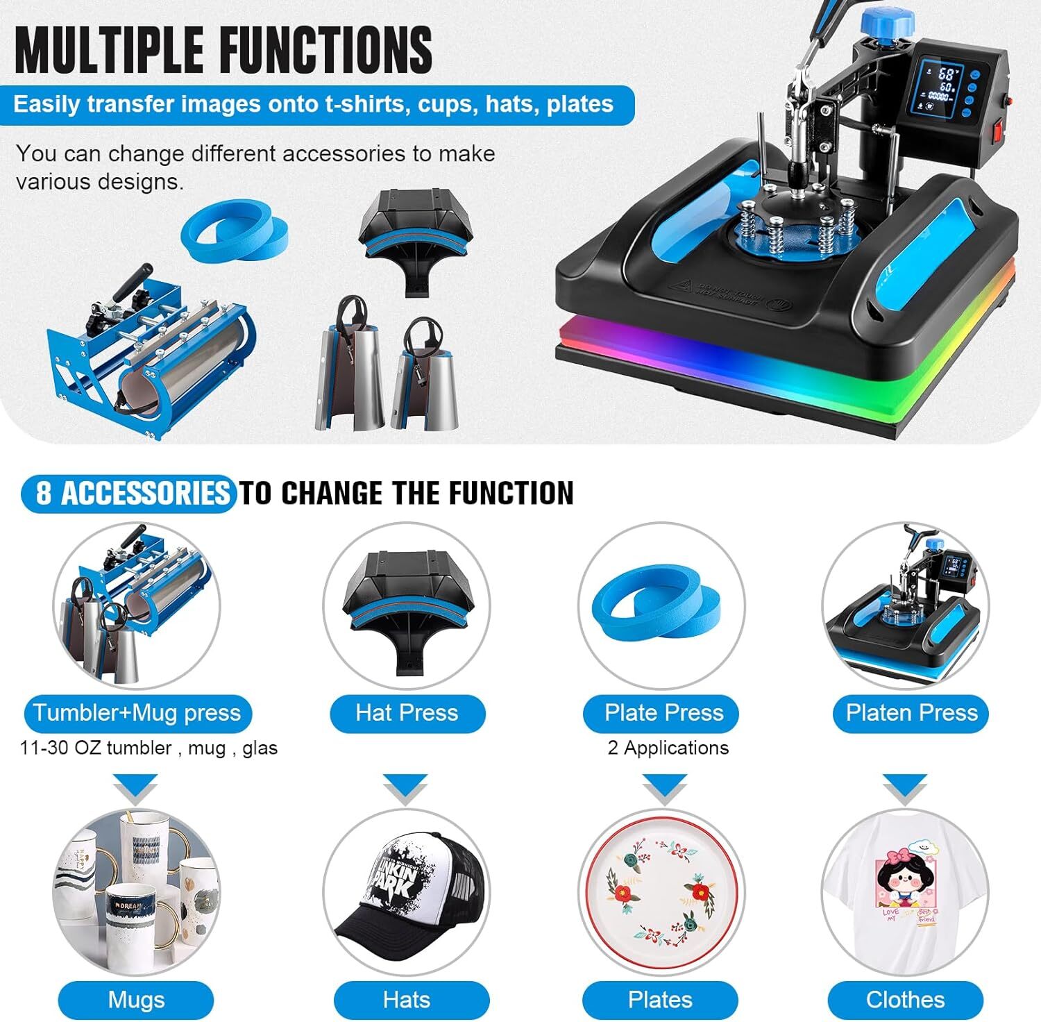 8 in 1 Heat Press Machine 15″x15″ 30OZ Tumbler Sublimation T-shirt Mug Hat Plate