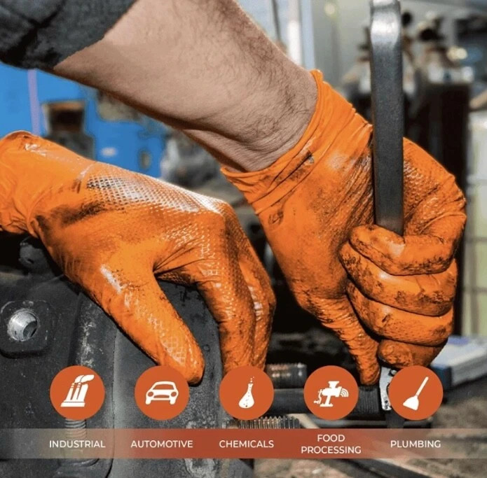 Black/Orange Nitrile Rubber Gloves 8-10 Mil Raised Diamond Texture 100 per box