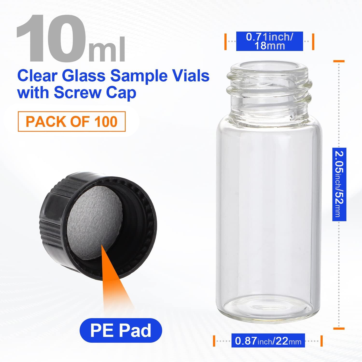100PCS 10ml Clear Glass Vials Borosilicate Glass Vials Sample Vials w/ Screw Cap