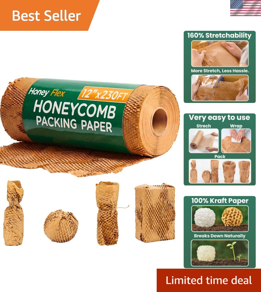 Honeycomb Packing Paper 12″ x 230ft Roll, Expandable Bubble Cushioning Wrap f…