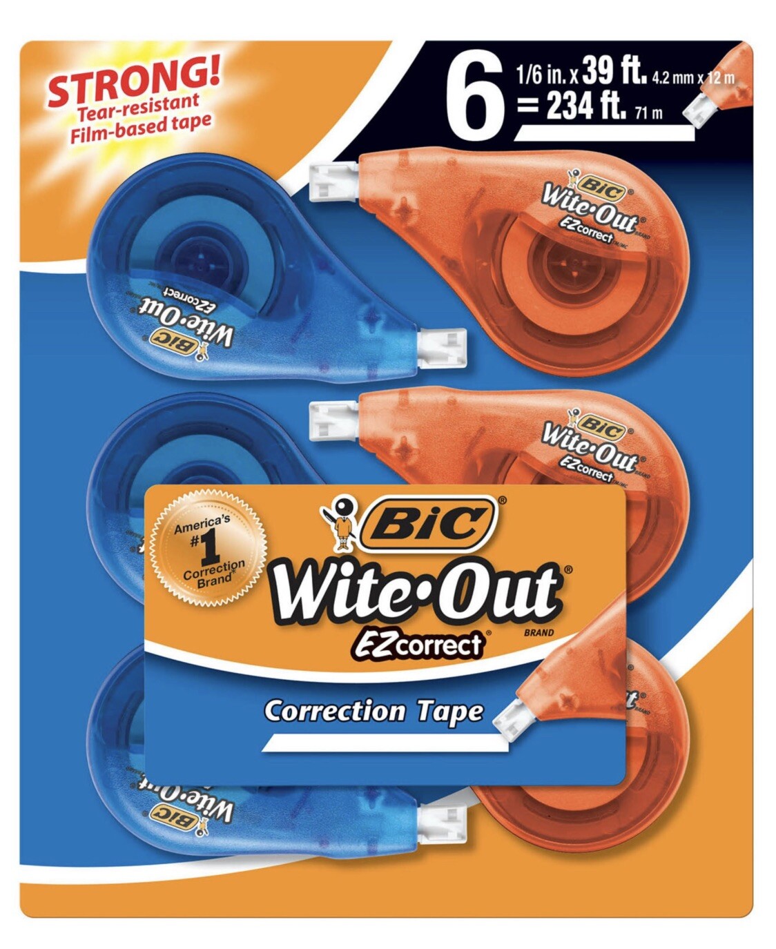 BIC Wite-Out Brand EZ Correct Correction Tape, White, 6 Count (Colors May Vary)