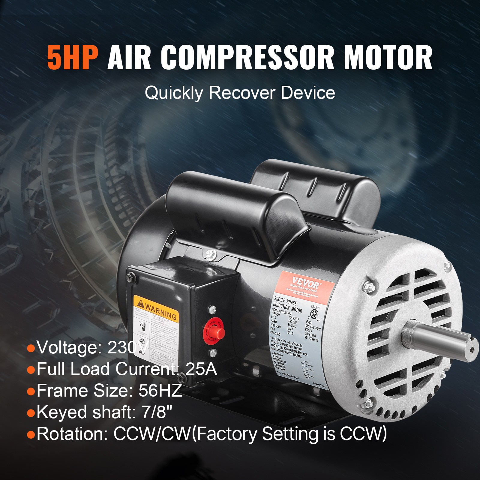 VEVOR 5HP Air Compressor Electric Motor 230V 3450RPM 56Hz Frame CW/CCW Rotation