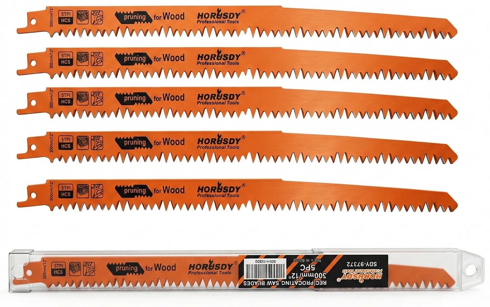 5-Pack 12-Inch Wood Pruning Reciprocating Saw Blades, 5TPI HCS Carbon Orange