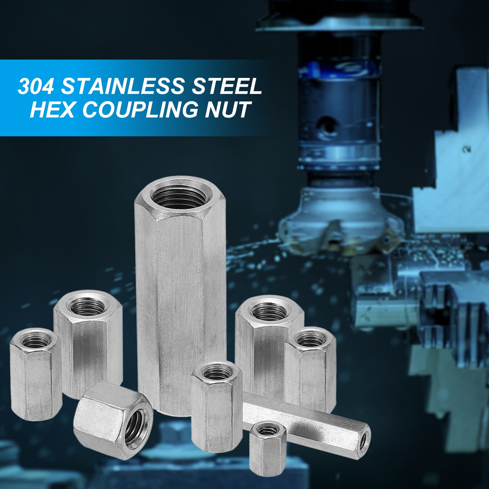 6Set M10 x 1.25 Pitch 25mm Length Stainless Steel Hex Coupling Nut Connector