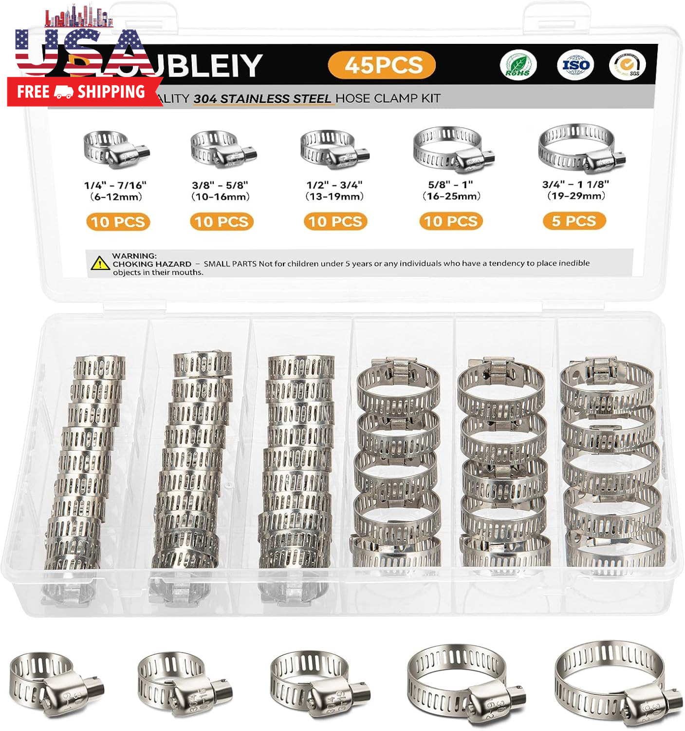 45PCS Hose Clamp Assortment Kit – Stainless Steel Hose Clamps with Worm Gear, Ad