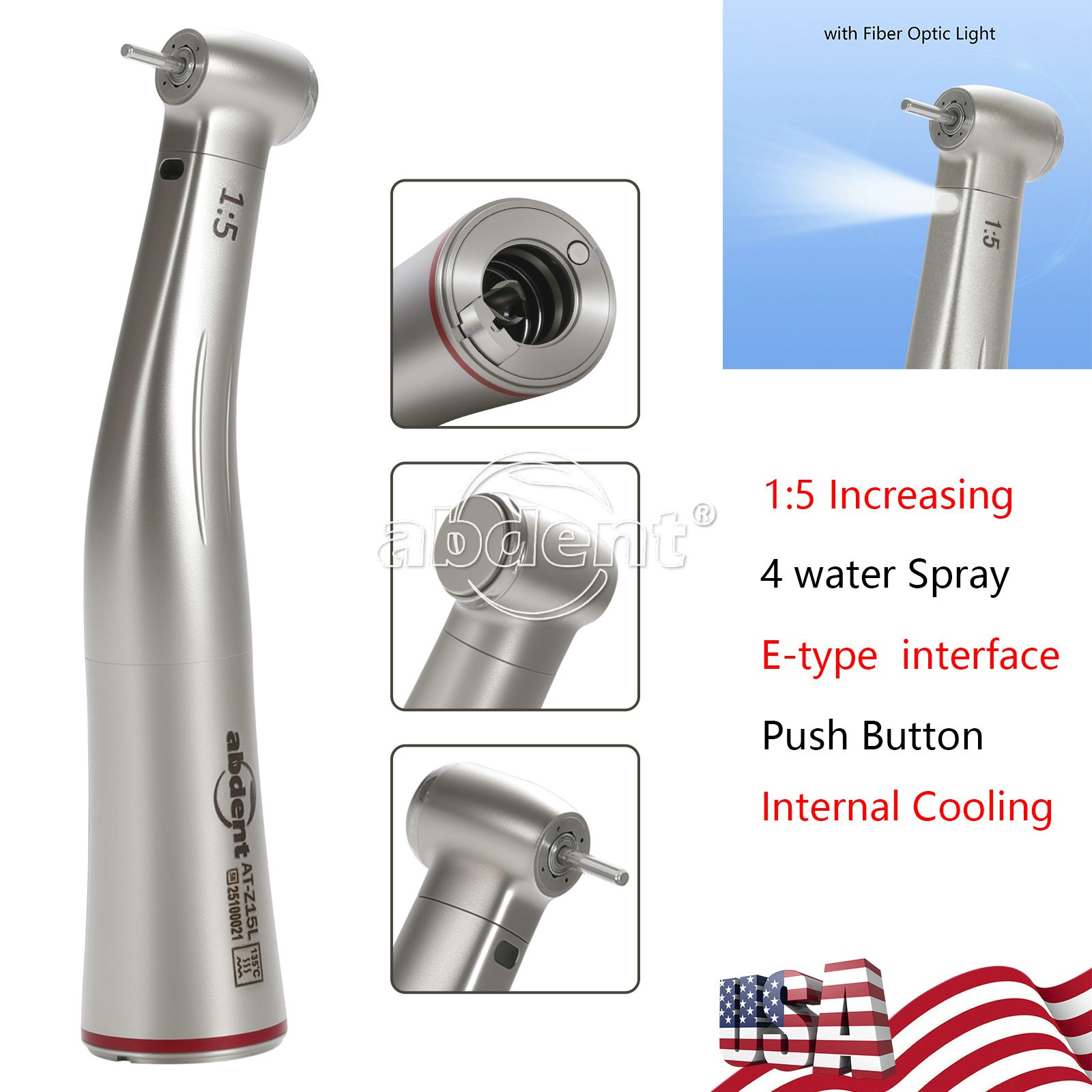 Abdent Dental 1:5 Optic LED Contra Angle Increasing Handpiece Fit Electric Motor