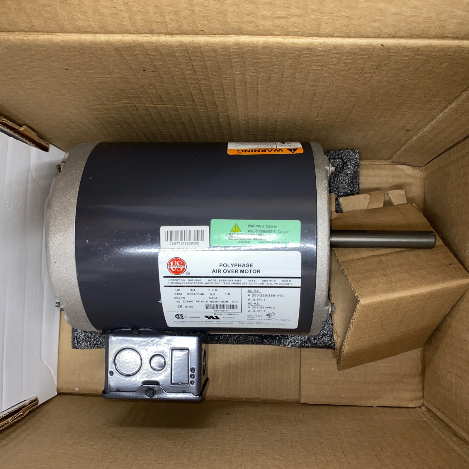 LIEBERT KIT-B670010 Polyphase Air Over Motor 208-230/460V AC, 3/4 hp, 3 Phase