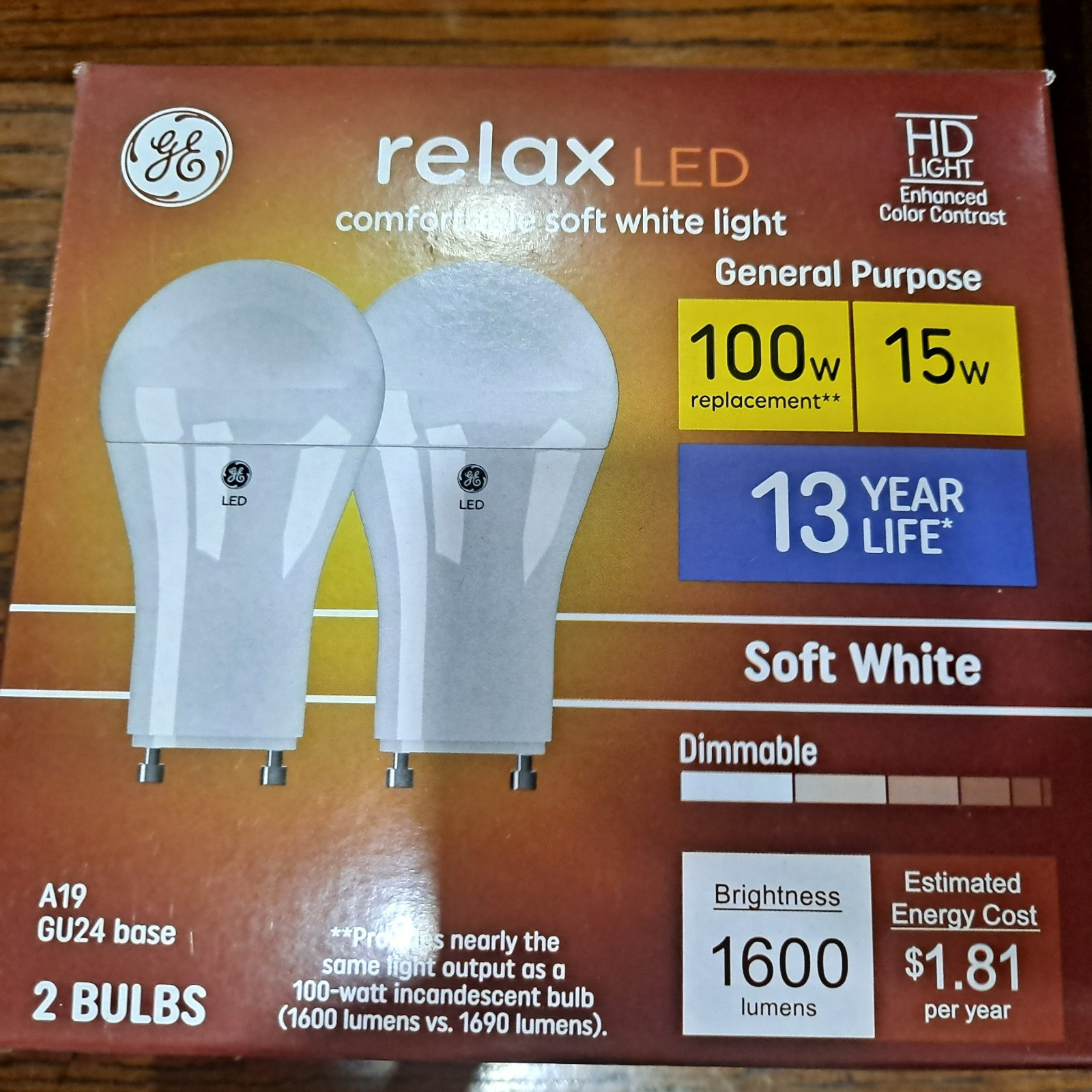 Relax LED comfortable soft white light box of two, Gu24 base, 15W 100W replace
