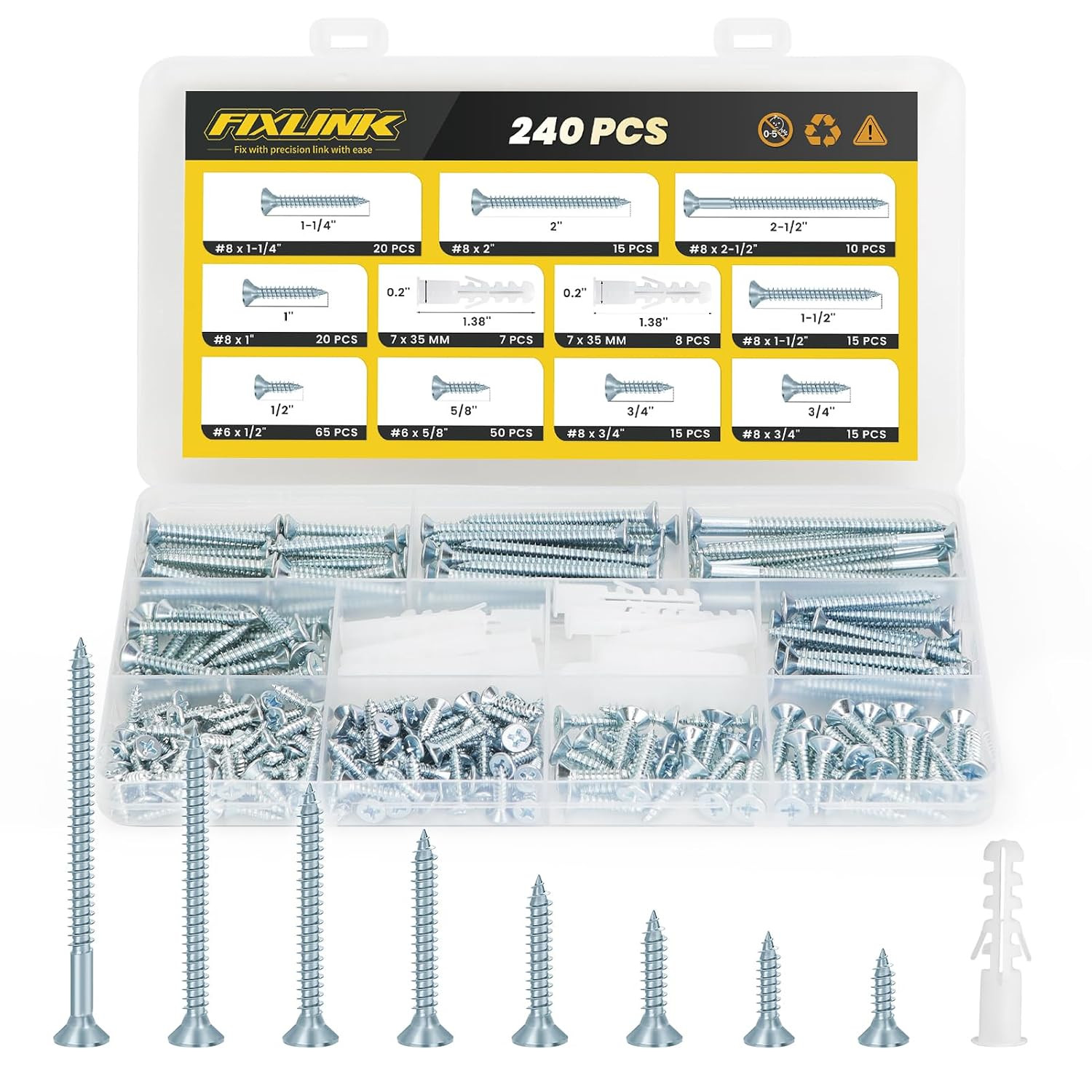 Wood Screws Assortment Kit, FIXLINK 240 PCS High Hardness Flat Head Wood Screws
