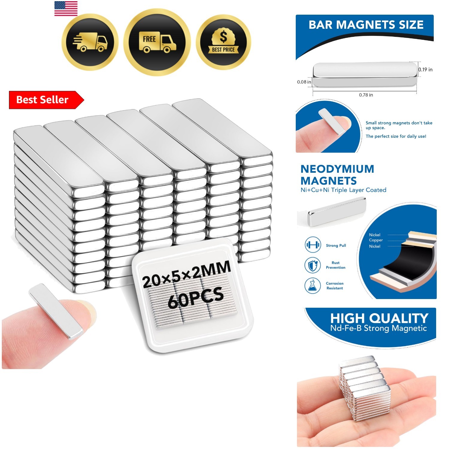 Neodymium Bar Magnets 60Pcs, 20x5x2mm Small Rare Earth Magnet, Strong Rectang…
