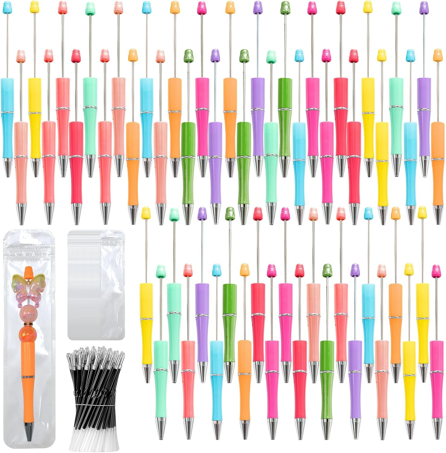 150 Pieces DIY Beadable Pens Kit – 50 Plastic Beadable Pens Bulk, Refills & Pen