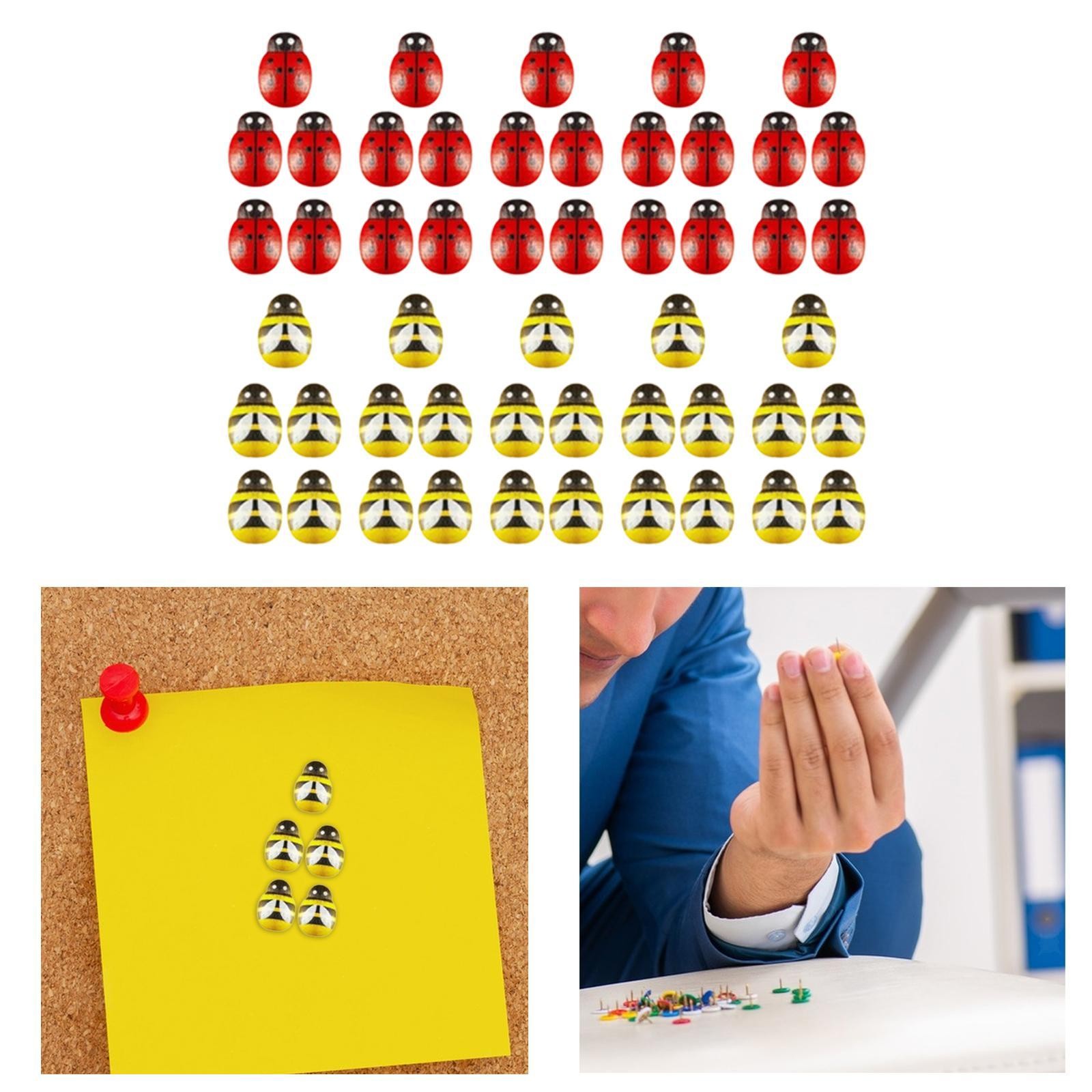50x Decorative Thumb Tacks Wooden Bee Ladybug Push Pins Office Supplies