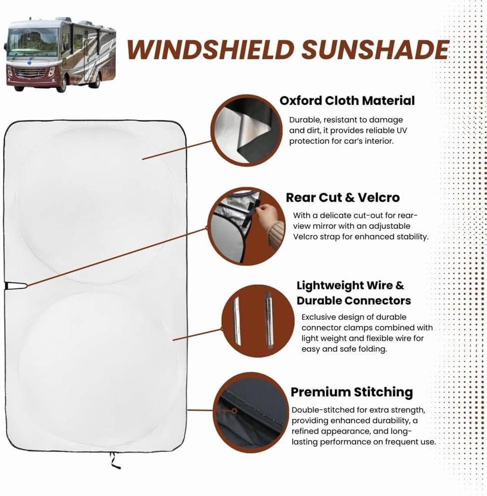 Windshield Sun Shade | Fits RV Class-A | Certified 99.87% UVB & 99.02% UVA Prote