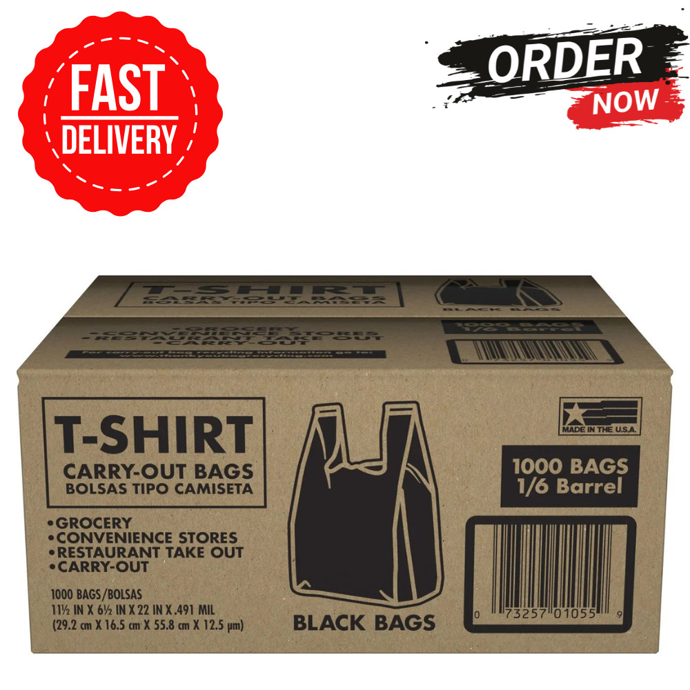 Black T-Shirt Carryout Bags, 11.5″ x 6.5″ x 22″ 1000 ct.