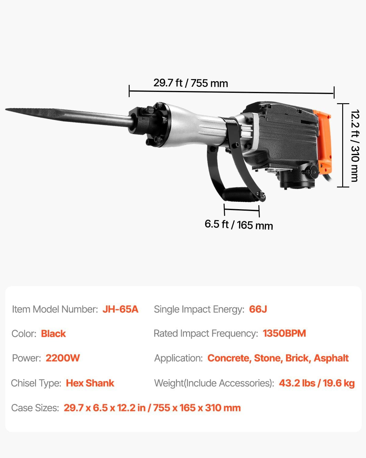 2200W Electric Jackhammer Heavy Duty, 1350 BPM Concrete Breaker 2Pcs Chisels Bi