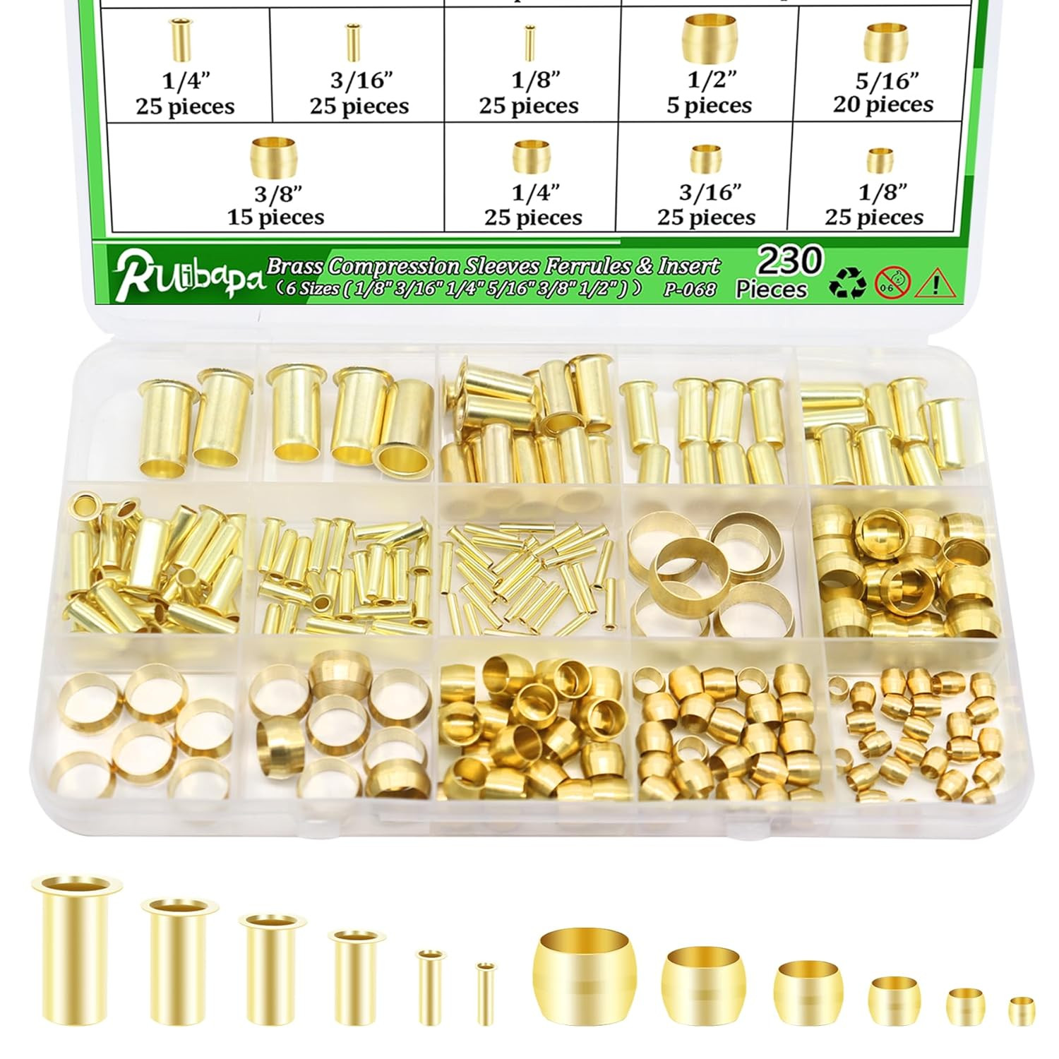 230PCS Brass Compression Sleeves Ferrules & Insert 1/2″ 3/8″ 5/16″ 1/4″ 3/16″ 1/