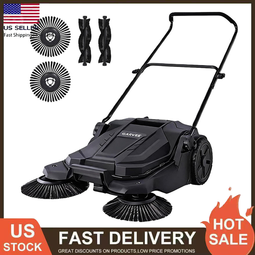 Garvee Walk Behind Hand Push Floor Sweeper 25.6″ Width 5 Gallon Waste Container