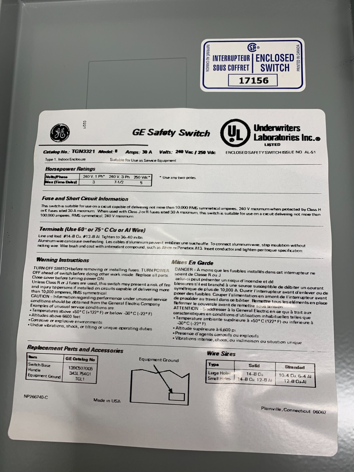 General Electric TGN3321 Non-Fusible Safety Switch 240VAC 30A 3P 3W NEMA 1