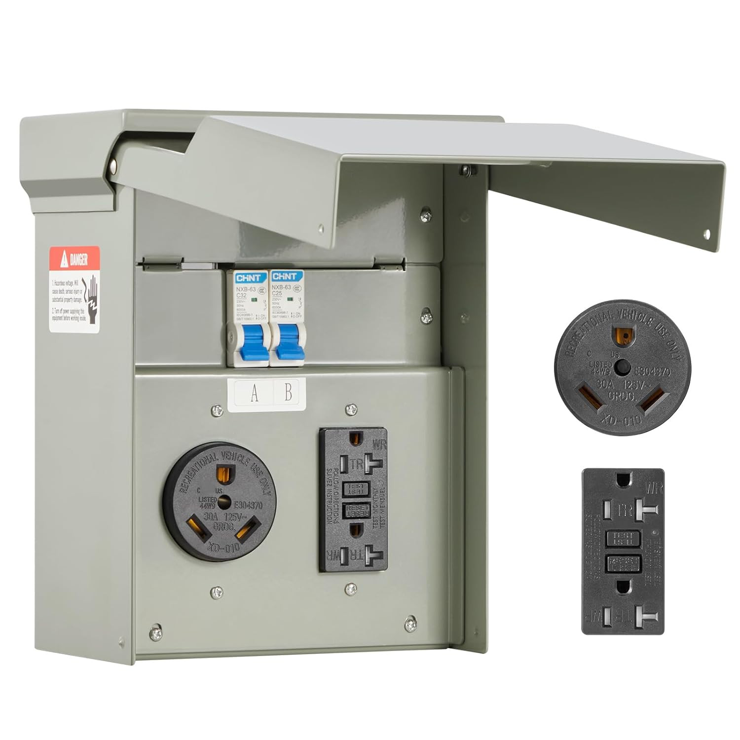 Temporary Power Outlet Panel, RV Electrical Breaker Box with Prewired 30