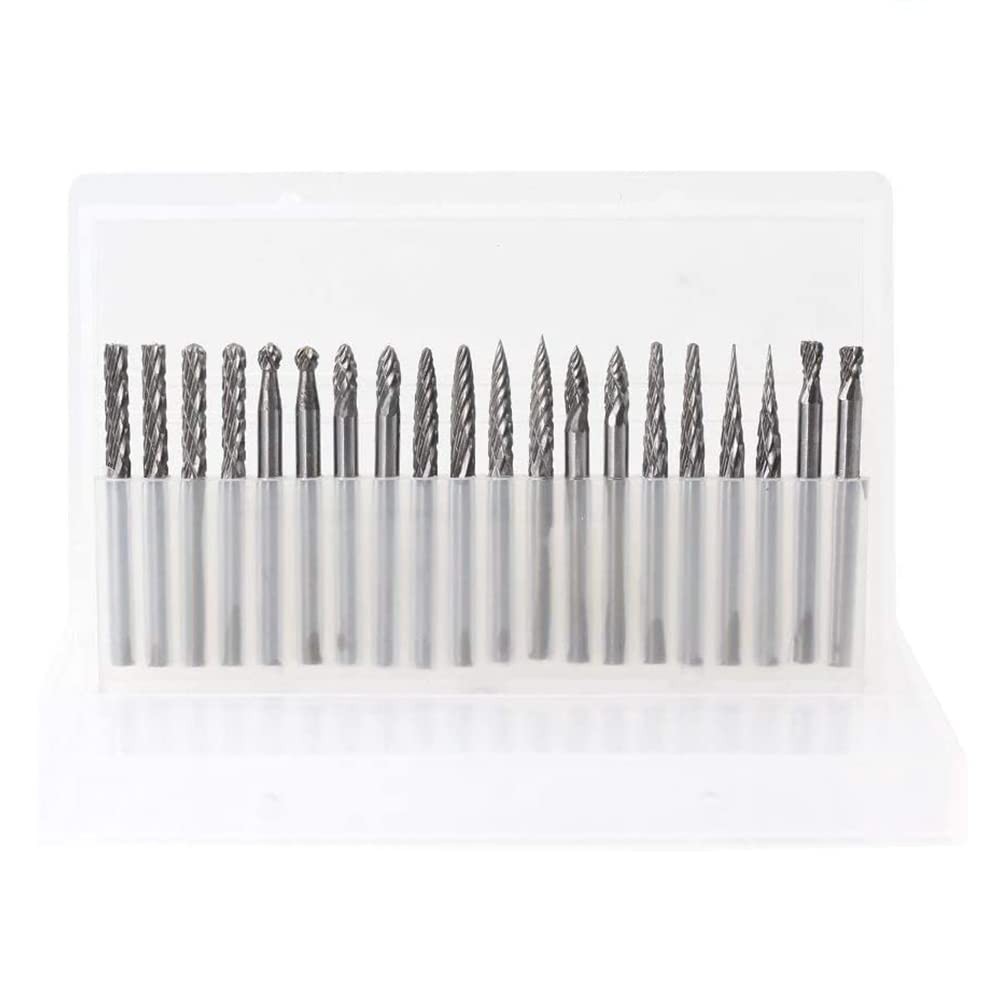 Solid Carbide Burr Set 20pcs 0.118’’ (3mm) Shank Rotary Files for Woodworking