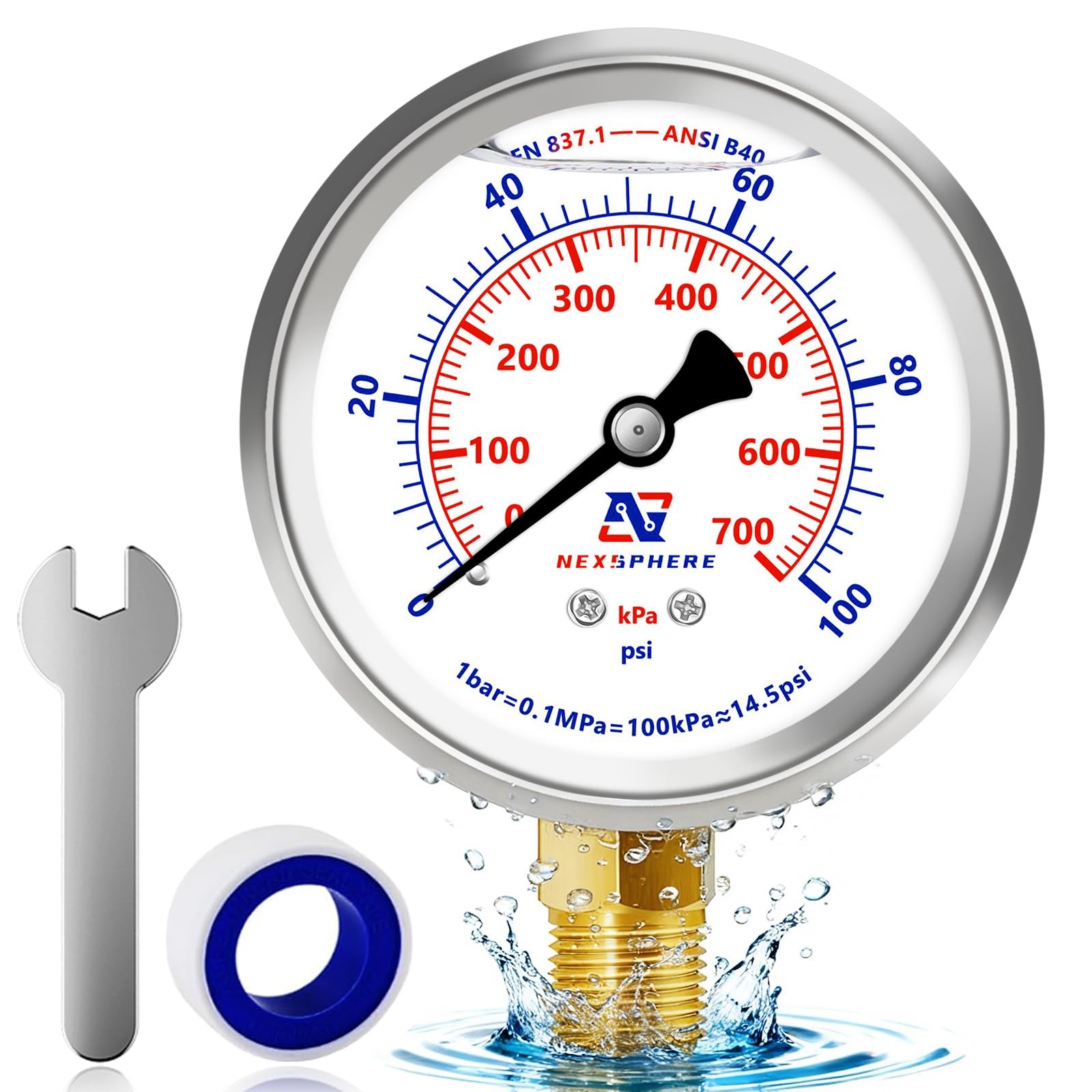 NexSphere 0-100 PSI Liquid Filled Pressure Gauge, 1/4 NPT Lower Mount, 2.5 Di…