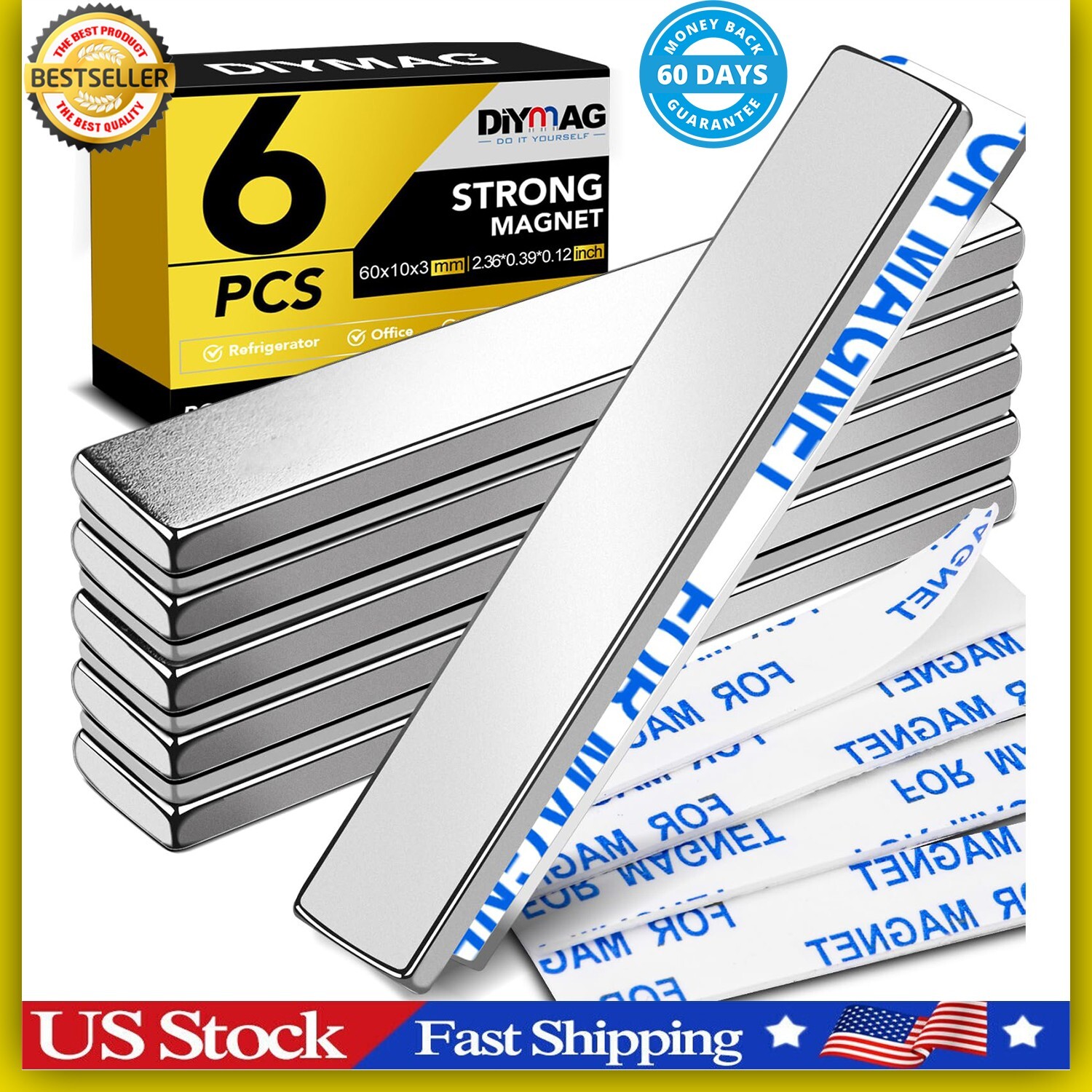 Strong Magnet Strips Heavy Duty – Rare Earth Magnets with Adhesive – Pack of 6