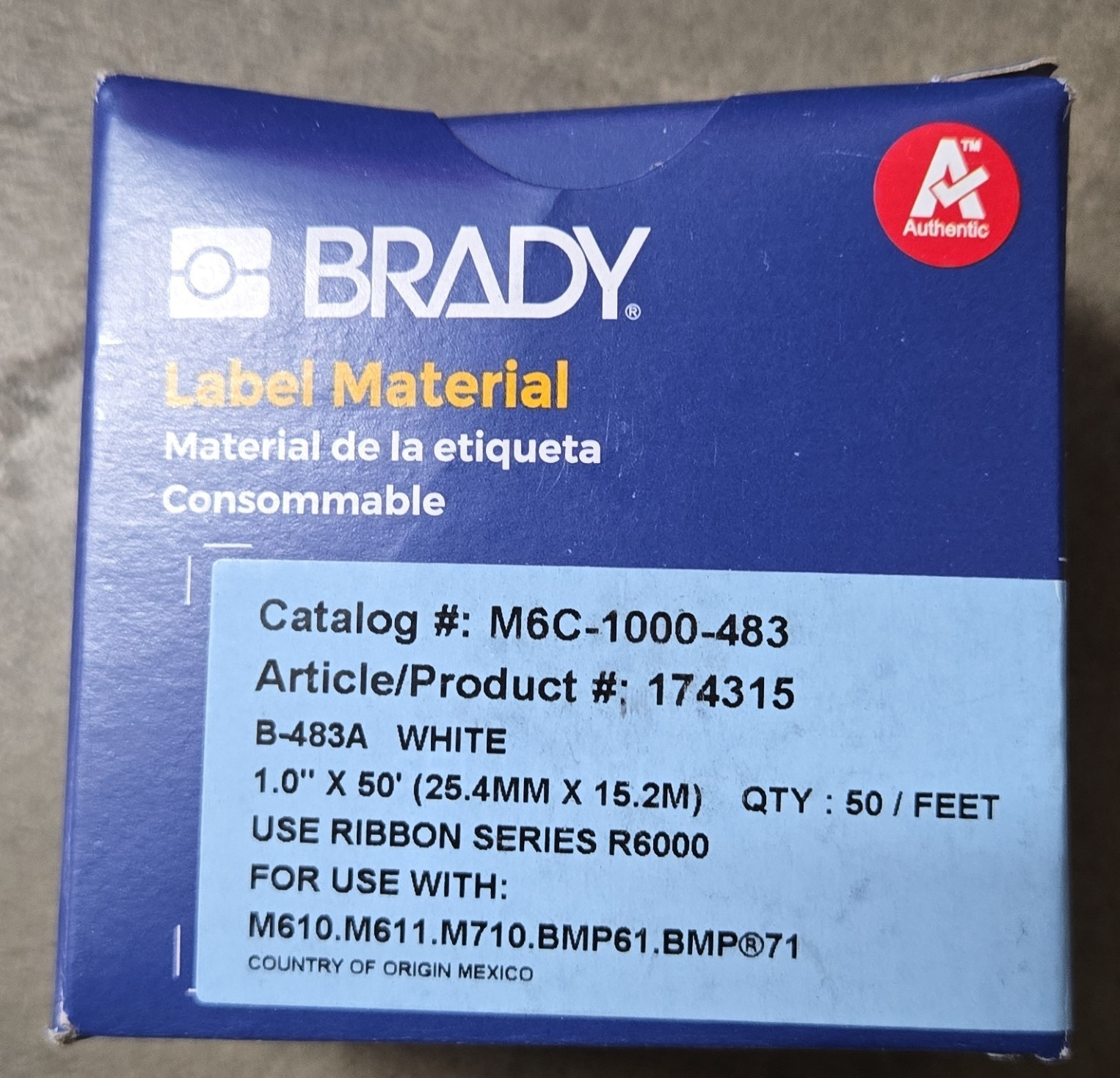 Brady M6C-1000-483 Label Material 1in White Thermal Cartridge R6000 Series
