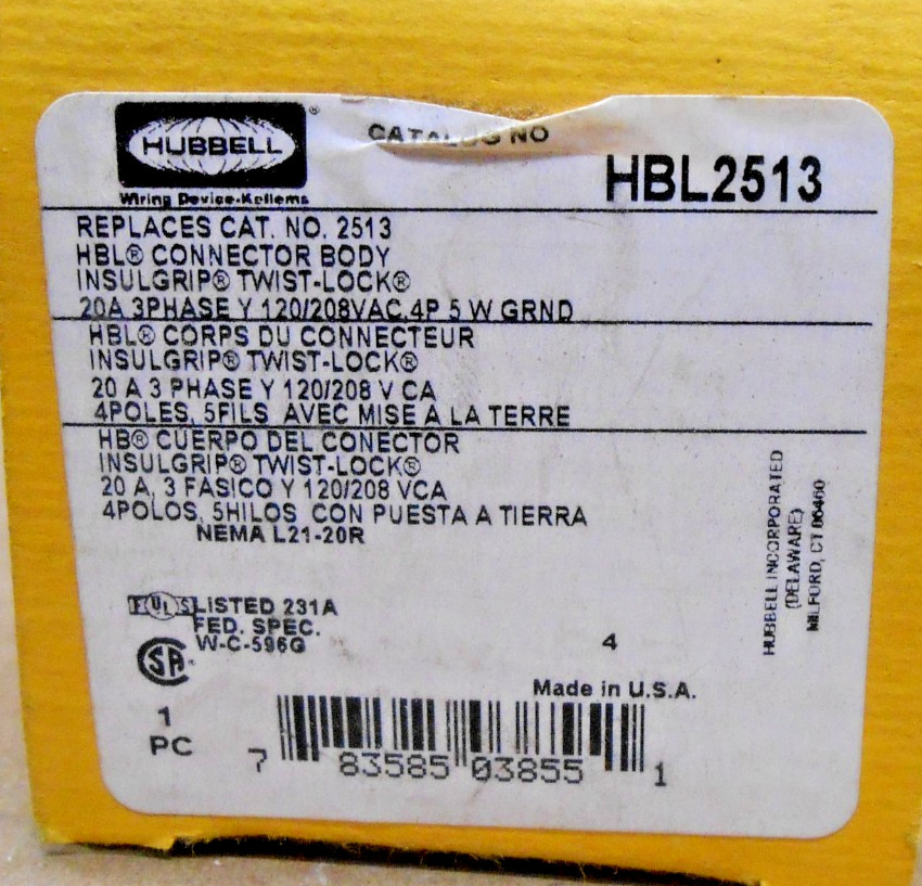 1 NEW HUBBELL HBL2513 2513 CONNECTOR NEMA L21-20R 4P 5W 20A 120/208V (2 AVAIL)