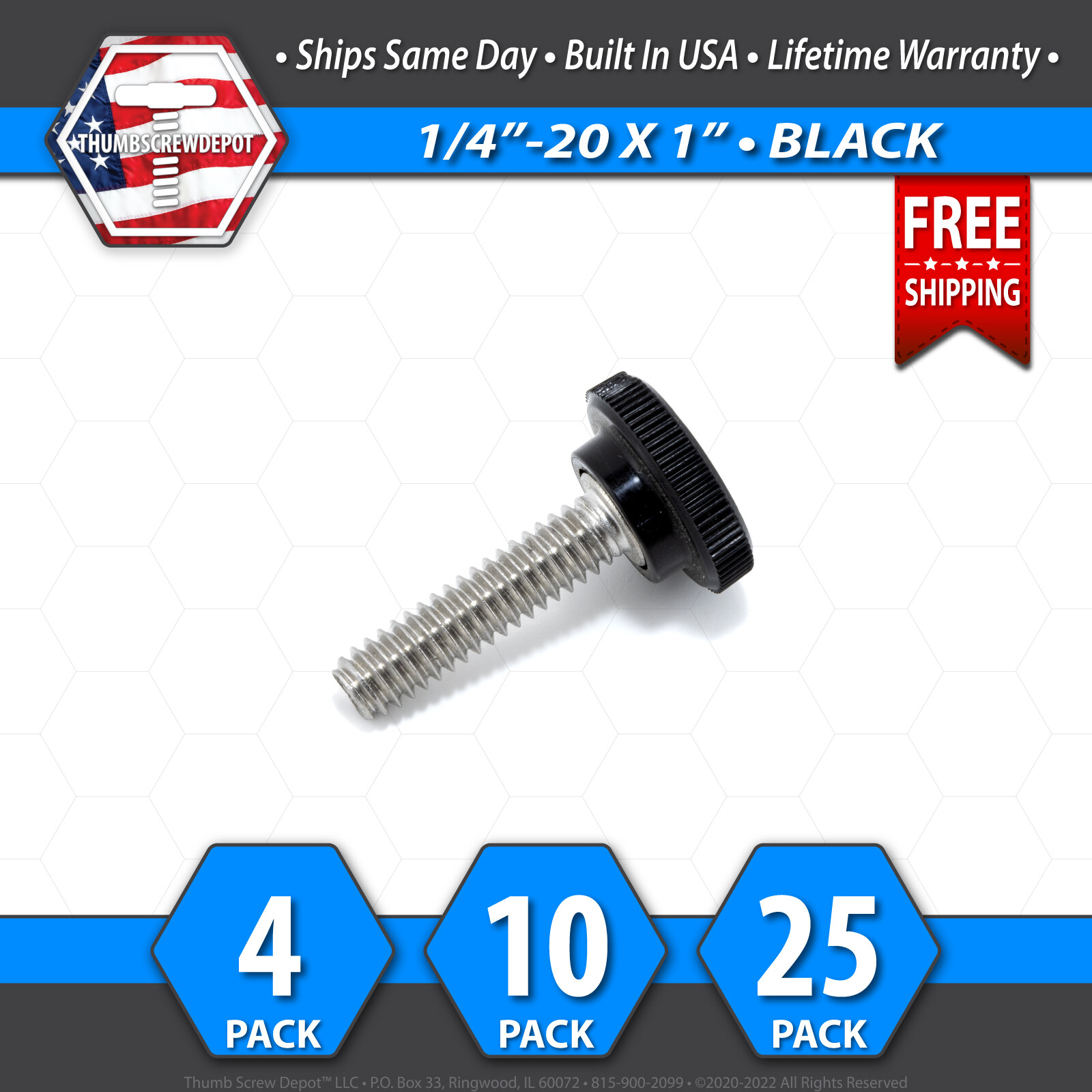 1/4″-20 x 1″ Thumb Screw Stainless Steel – Black Round Knurled Knob – USA