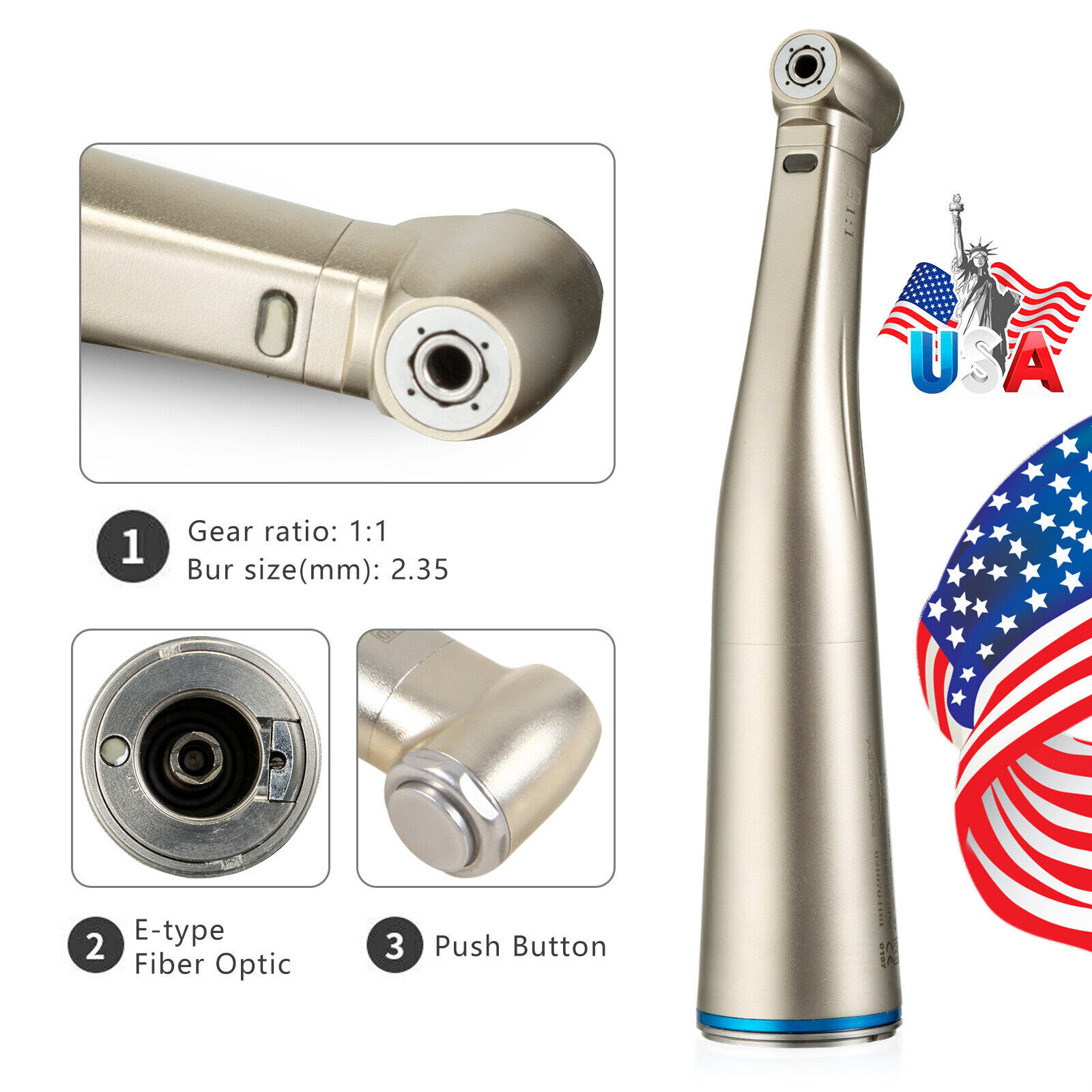 Dental Contra Angle Handpiece 1:1 LED Fiber Optic Low Speed φ2.35mm NSK Style
