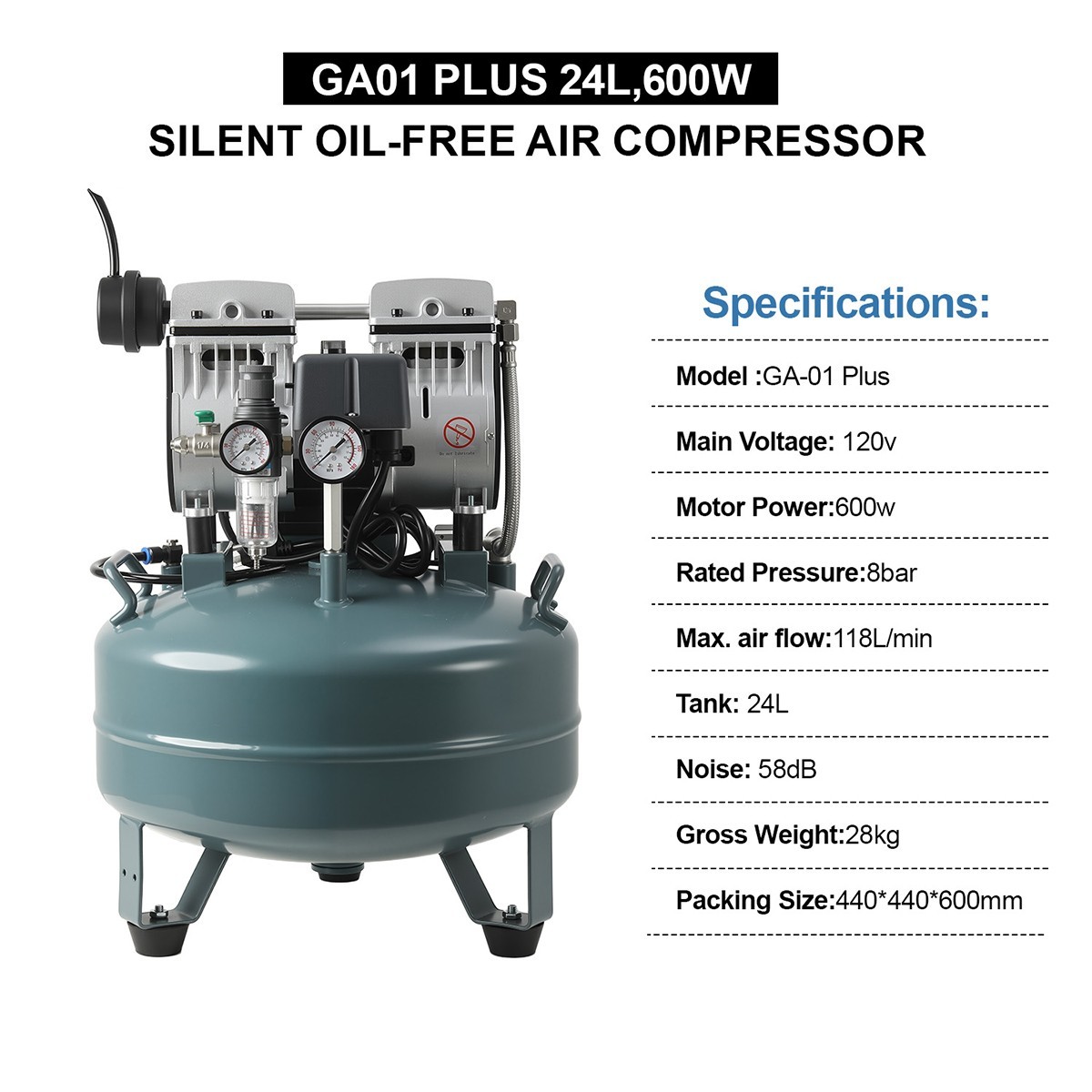Dual Gauge Oil-Free Dental Air Compressor 40L/24L 155L/min Tank 58dB Low Noise