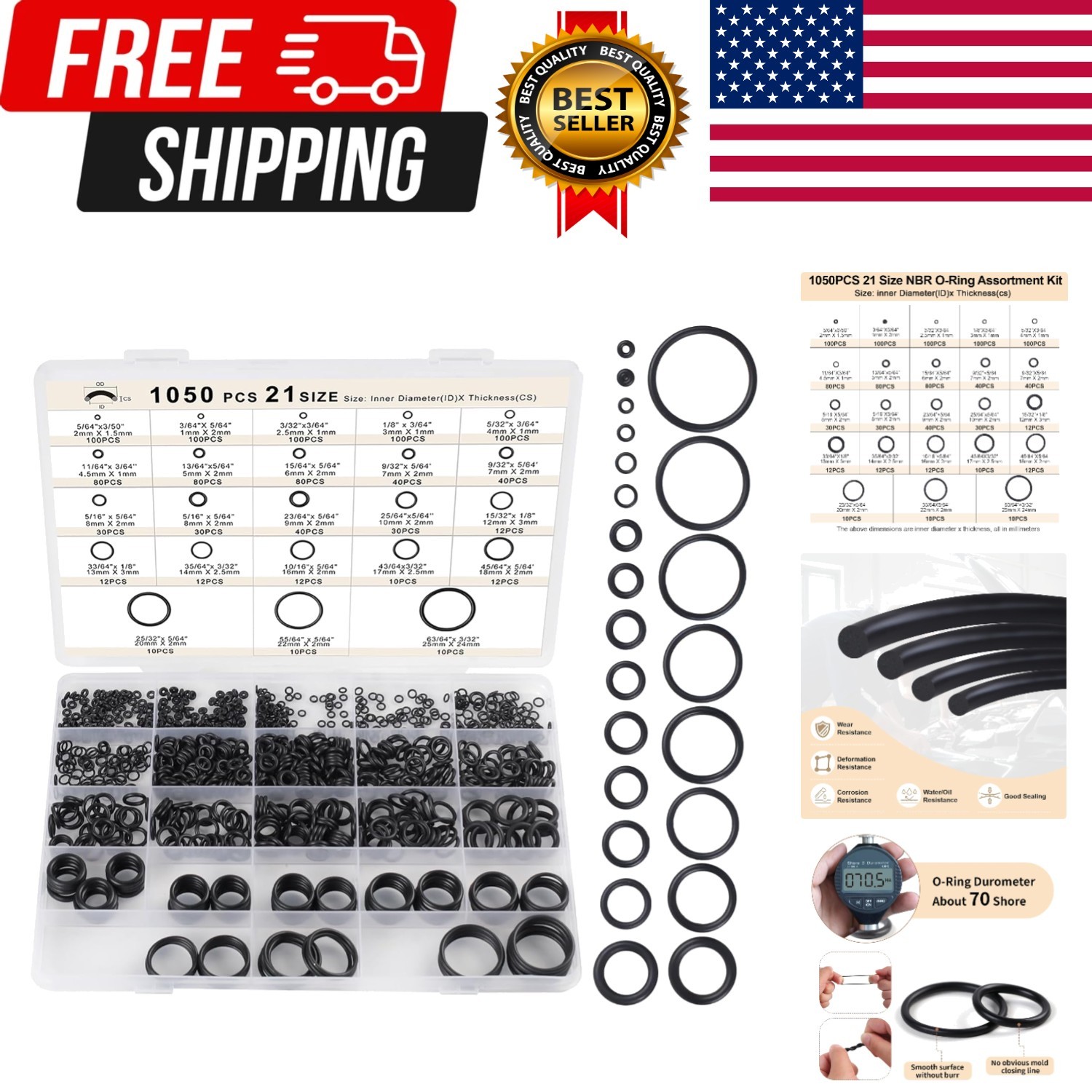1050 PCS O Ring Assortment Kit 21 Sizes Nitrile Rubber Seals for Plumbing & Auto