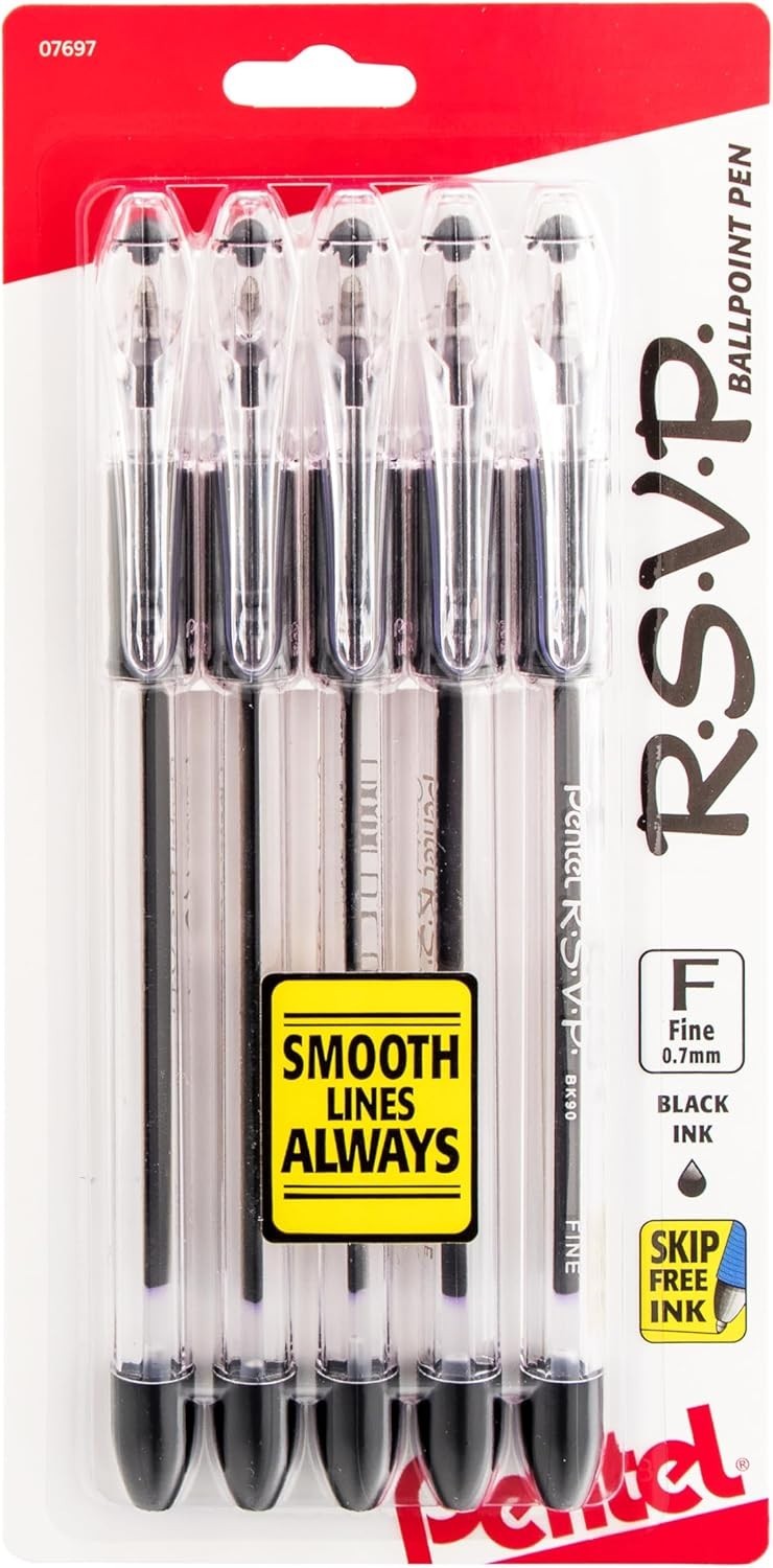 Pentel RSVP Ballpoint Pen, (0.7mm), Fine Line, Black Ink, Pack of 5