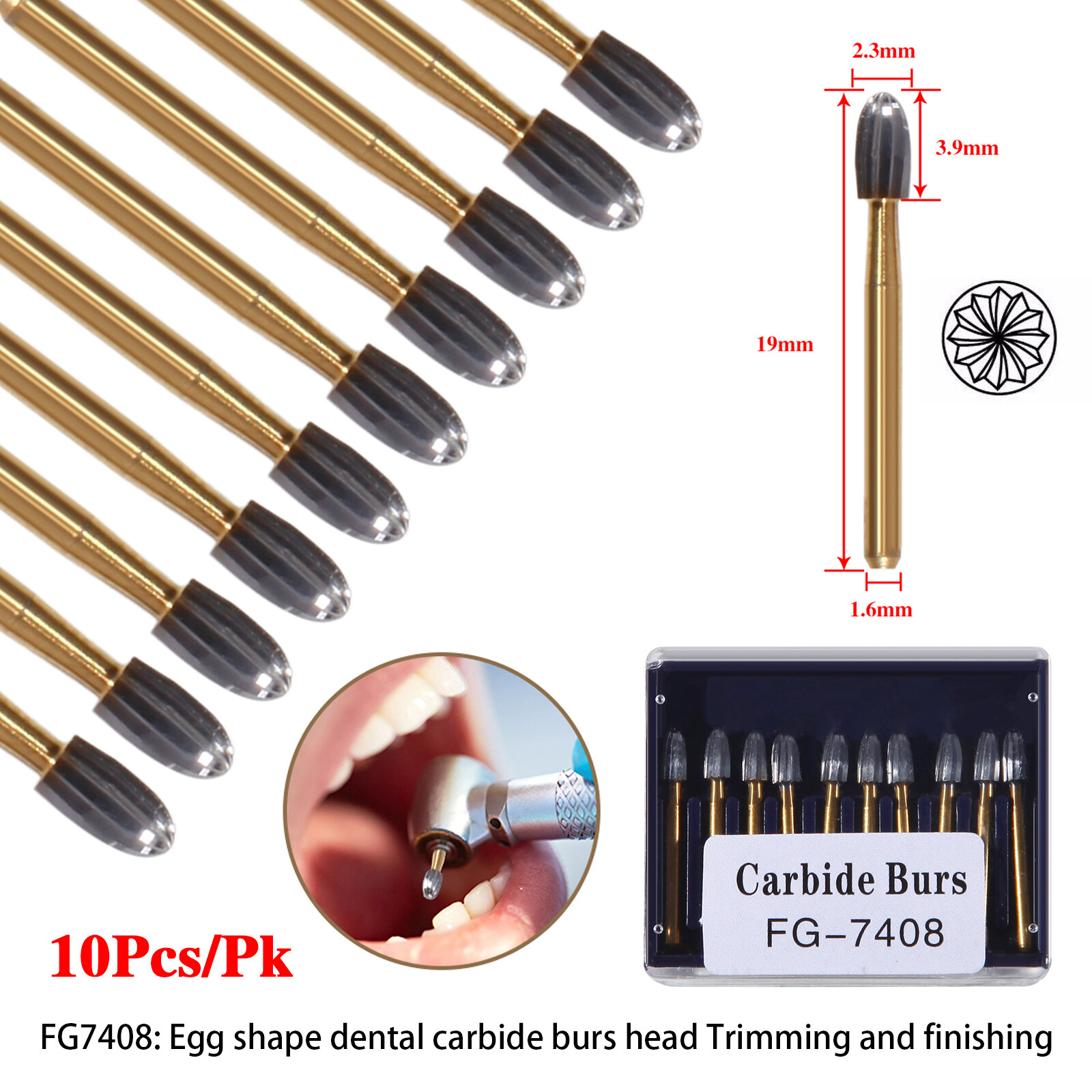 10 Pcs Dental Tungsten Carbide Burs Trimming & Finishing 7408 19mm Egg shape st