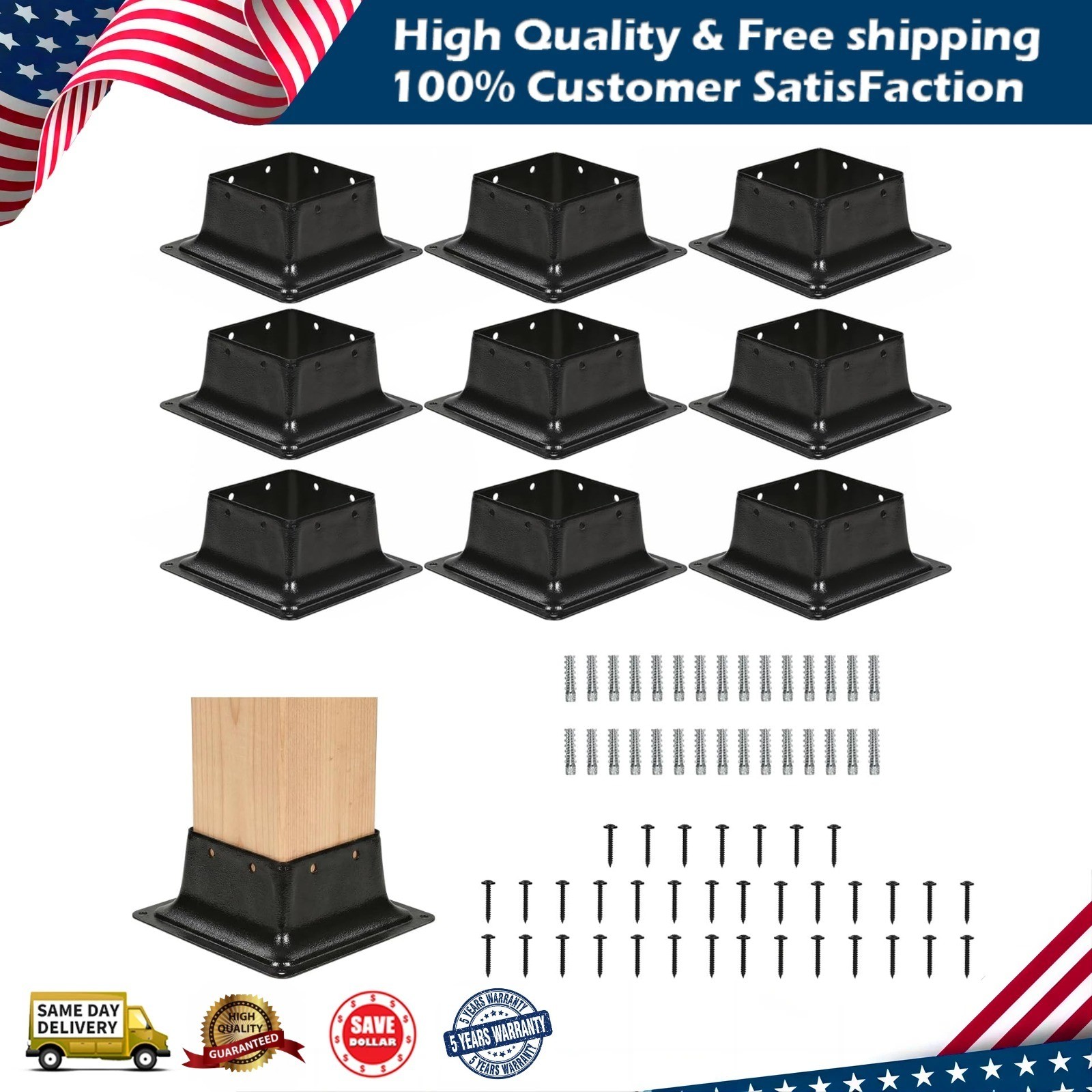 4×4 Post Base Bracket 10 Pcs 3.6″ x 3.6″ Heavy Duty for Wood Post Anchor