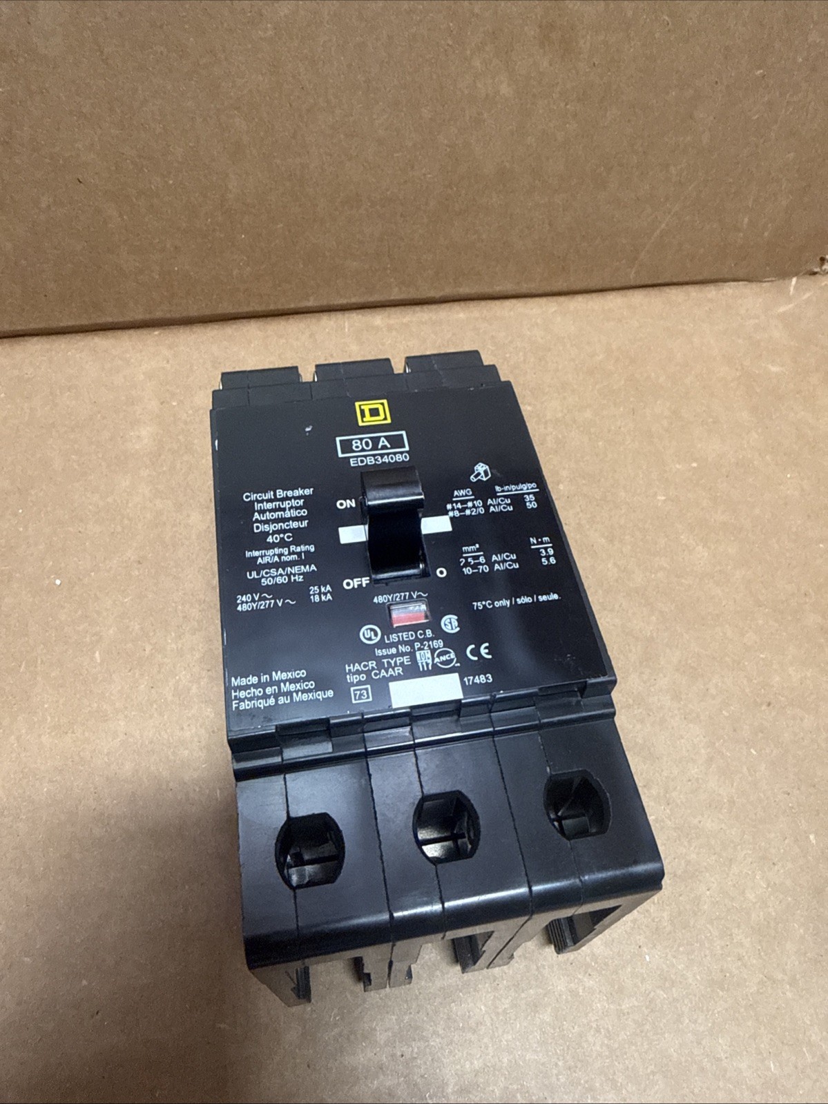 Square D EDB34080 Circuit Breaker 80A 3P 480V 3PH EDB 80 Amp 3 Pole New no box