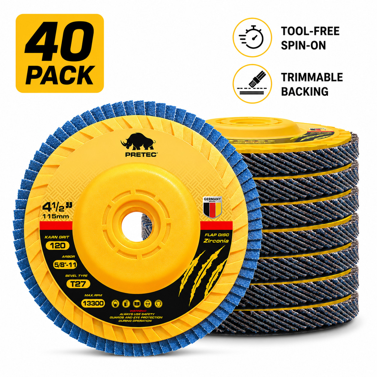 PRETEC 40 Pack 4-1/2″ 120 Grit Zirconia Flap Discs 5/8-11 Tool-Free T27