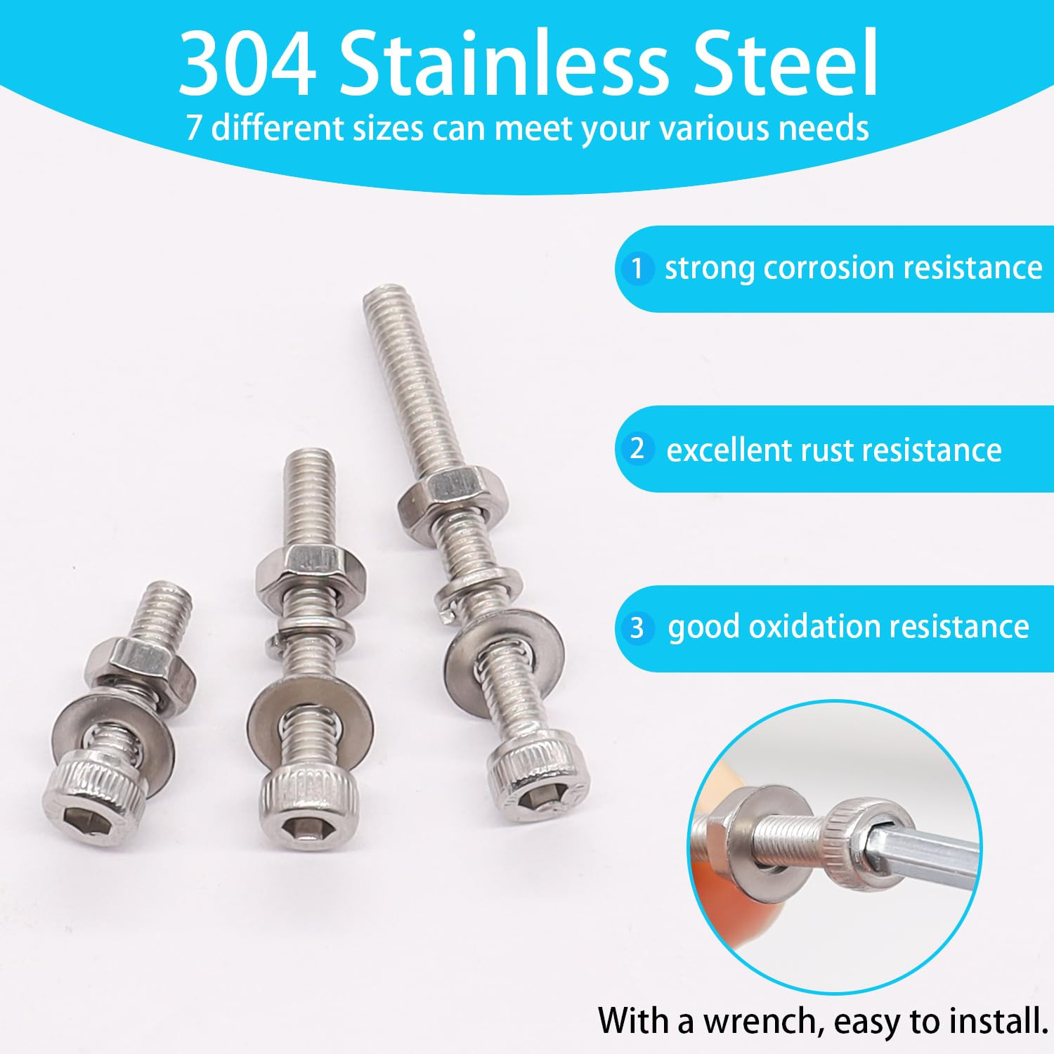 304PCS M5 Hex Socket Head Cap Screws Kit M5×8/12/16/20/30/35 mm Bolts, Nuts & Wa