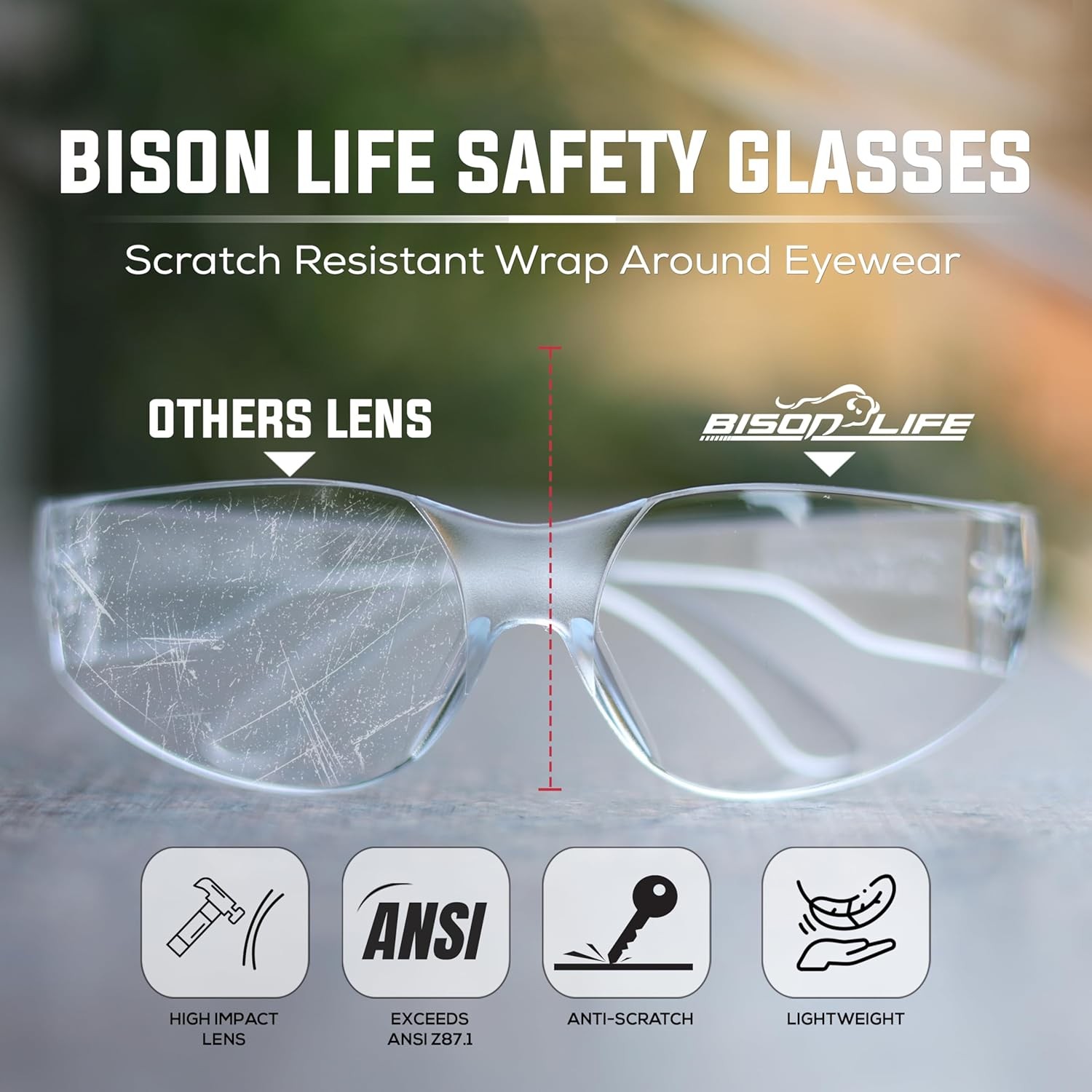 BISON LIFE Safety Glasses – Scratch Resistant 12 per box (1 box), Clear/Clear
