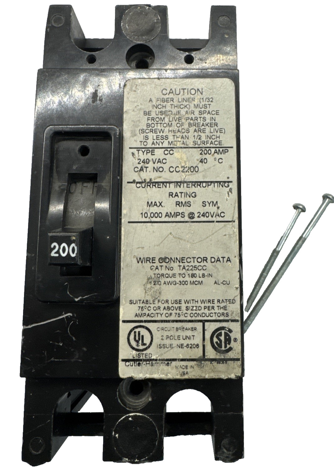 Cutler Hammer CC2200 200 Amp 2 Pole Circuit Breaker CC 240V 200A Lugs & Screws