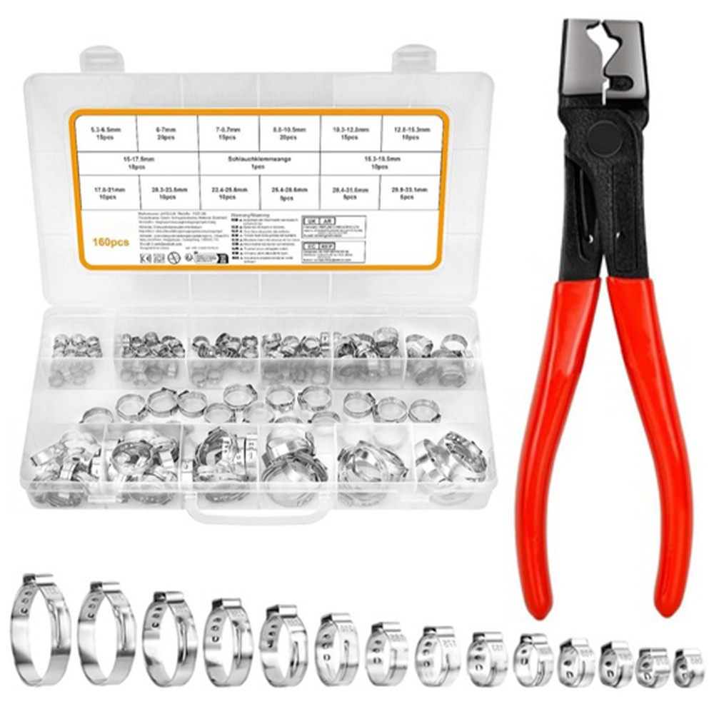 160X Single Ear Hose Clamps 304 Stainless Steel Crimp Hose Clamp Crimp Tools Kit