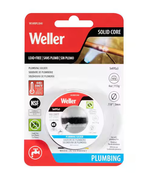 WELLER Lead-free Plumbing Solder Wire, Solid-core, 3mm/0.118 in. 113g/4oz.