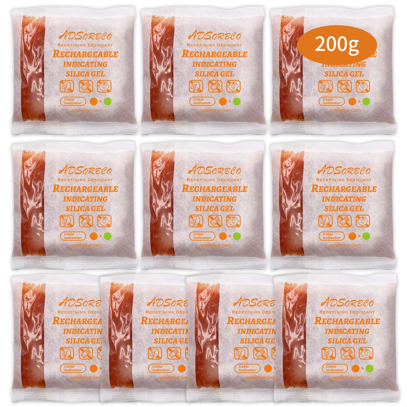 [200g 10p]Adsorbco Rechargeable Desiccant Packs, Indicating Silica Gel Packets
