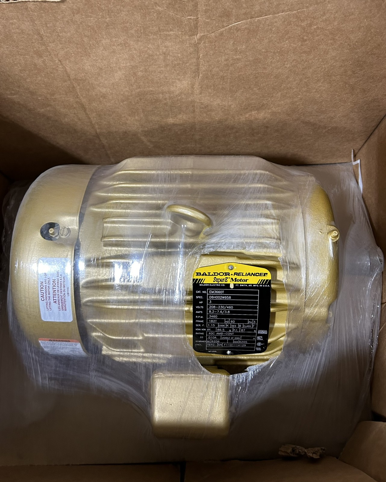 Baldor EM3660T Super-E Motor 3HP 3460RPM 3PH 182T Frame