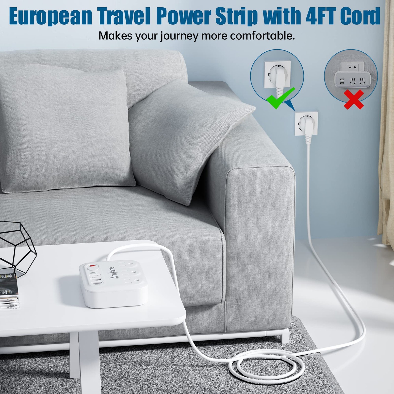 European Travel Plug Adapter with 4ft Extension Cord, (not for Uk) Us To Europea